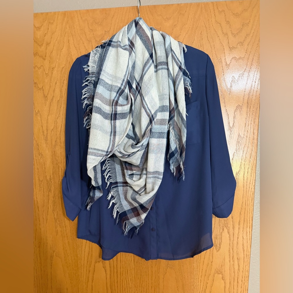 Stitch Fix shirt and plaid scarf.